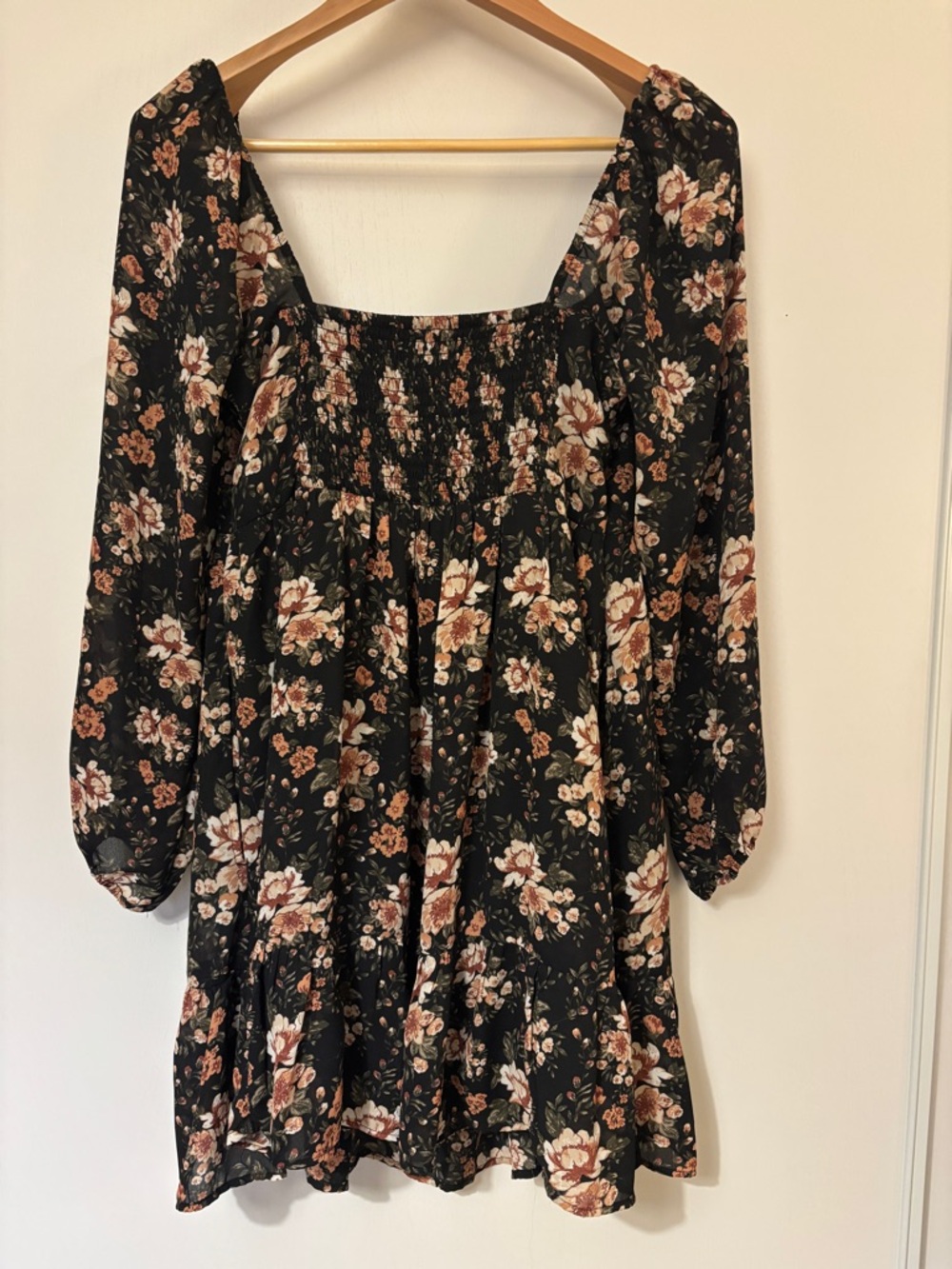 Abercrombie & Fitch Black Floral Dress Babydoll Mini Size Medium Long Sleeve Y2K - Picture 8 of 13